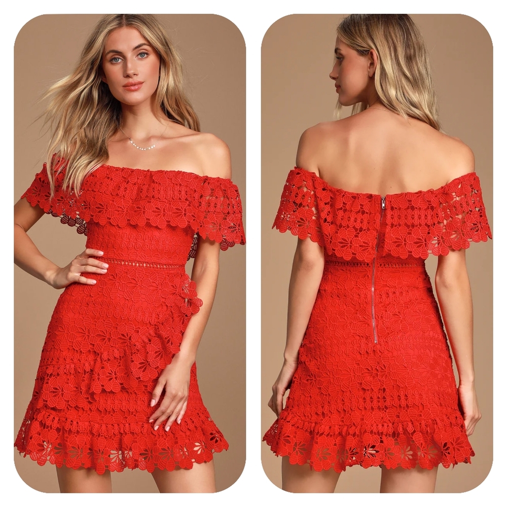 Lulu's Frill and Grace Lace Off The Shoulder Mini Dress Red XL